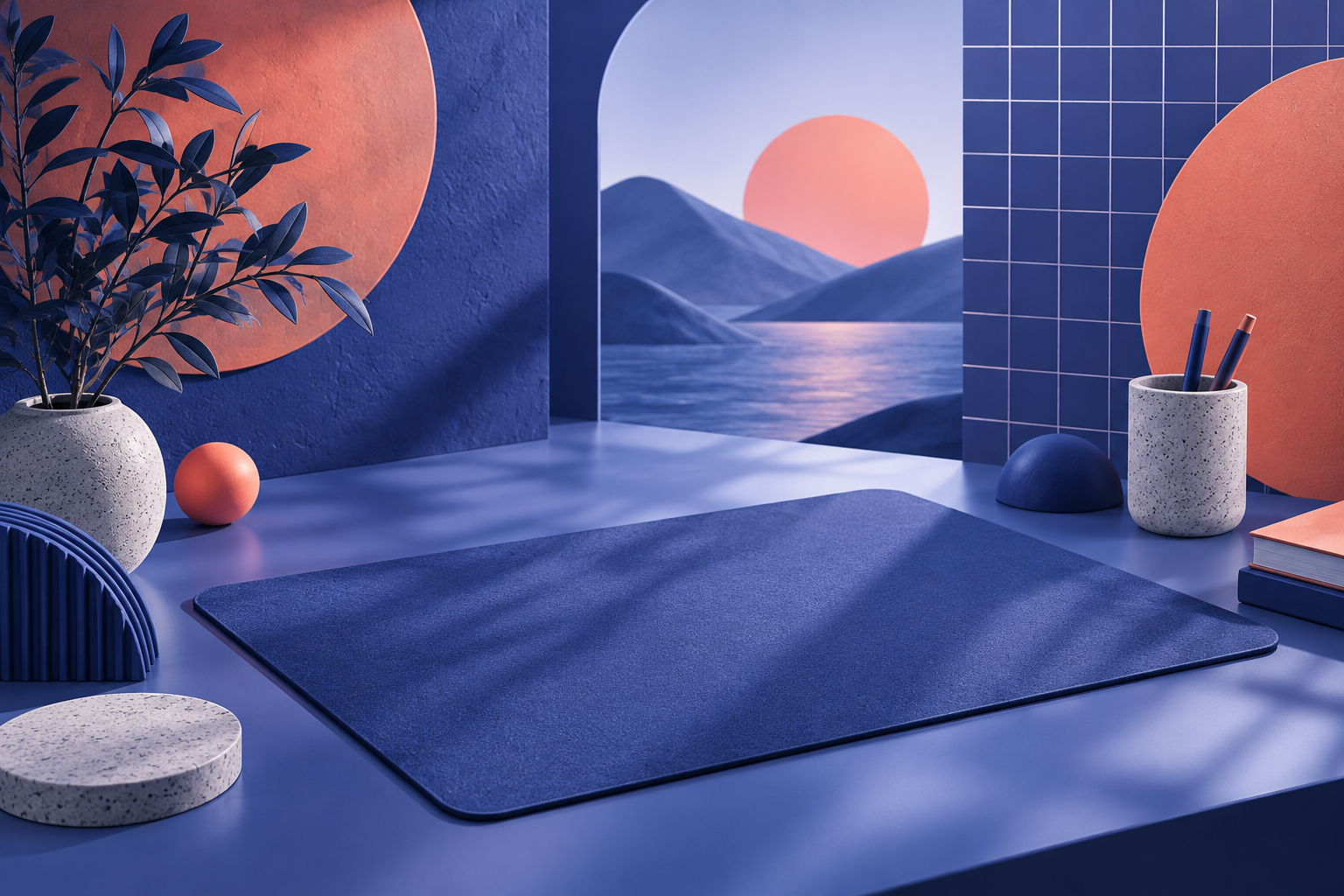 abstract cobalt desk landscape with coral circles and clean grid, graphic 3D art, no branded hardware